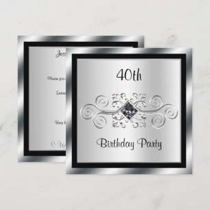 Silver Swirls & Diamond 40th Birthday Party Invitation
