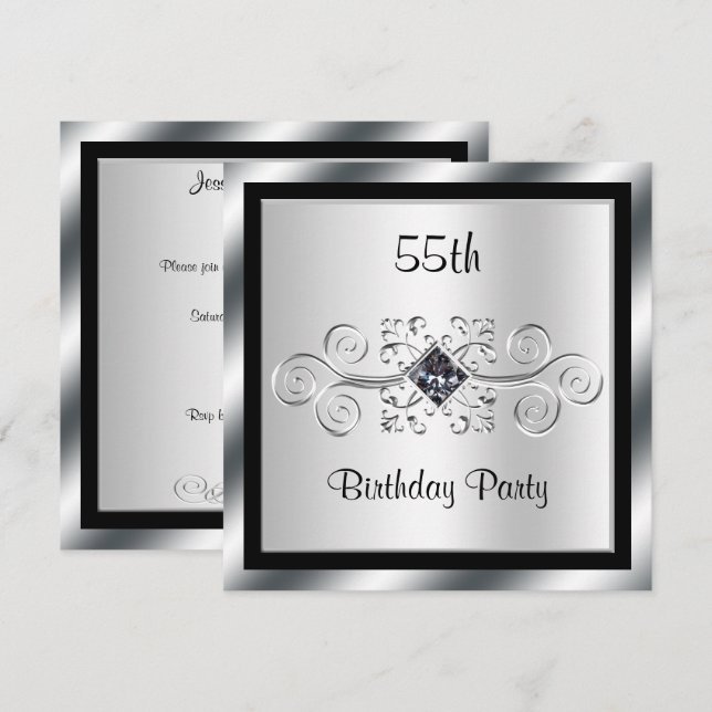 Silver Swirls & Diamond 55th Birthday Party Invitation (Front/Back)