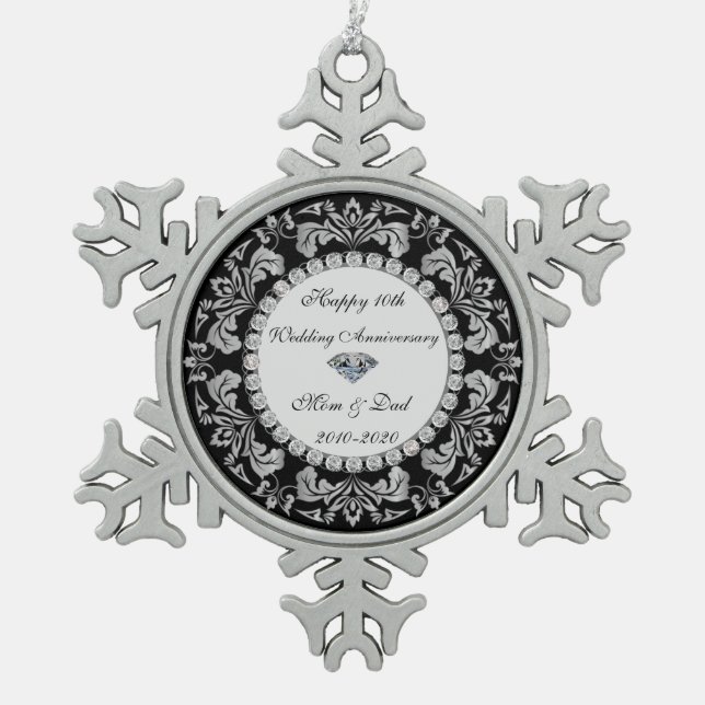 Silver Swirls Diamonds 10th Wedding Anniversary Snowflake Pewter Christmas Ornament (Front)
