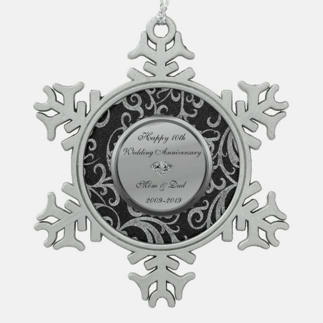 Silver  Swirls Diamonds 10th Wedding Anniversary Snowflake Pewter Christmas Ornament (Front)