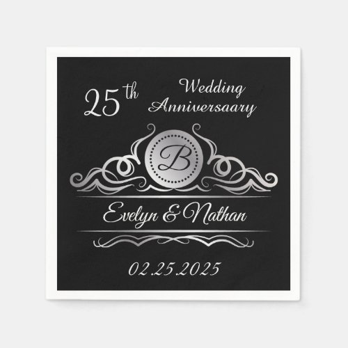 Silver swirls on black 25th Wedding Anniversary Napkins