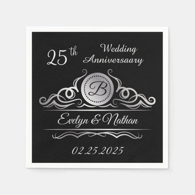 Silver swirls on black 25th Wedding Anniversary Napkins (Front)