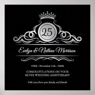 Silver swirls on black 25th Wedding Anniversary Poster