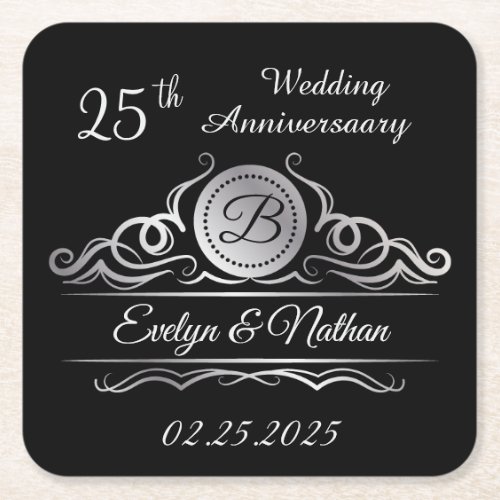 Silver swirls on black 25th Wedding Anniversary Square Paper Coaster