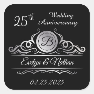 Silver swirls on black 25th Wedding Anniversary Square Sticker