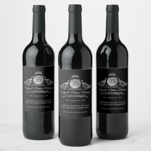 Silver Swirls on black 25th Wedding Anniversary  Wine Label