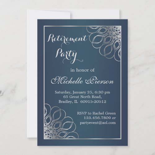 Silver swirls on midnight blue Retirement Party Invitation