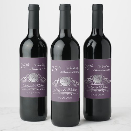 Silver swirls on purple 25th Wedding Anniversary Wine Label