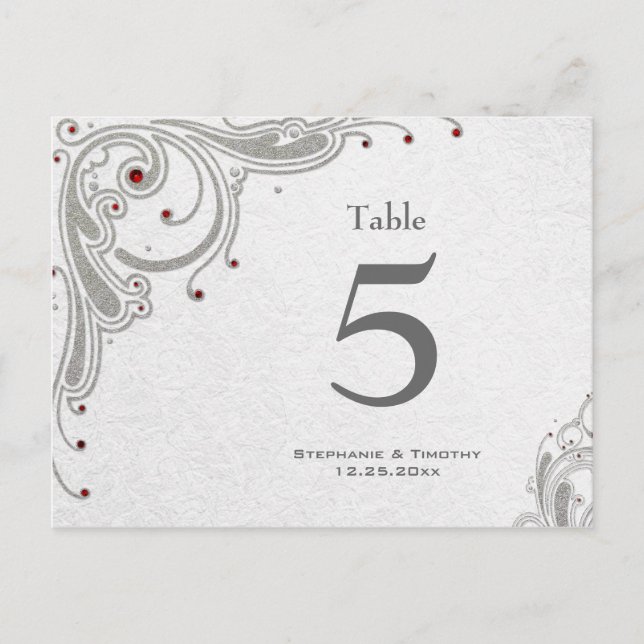 Silver swirls + red jewels wedding table number (Front)