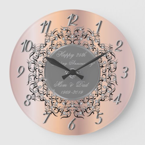 Silver Swirls Rose Gold 50 Wedding Anniversary Large Clock