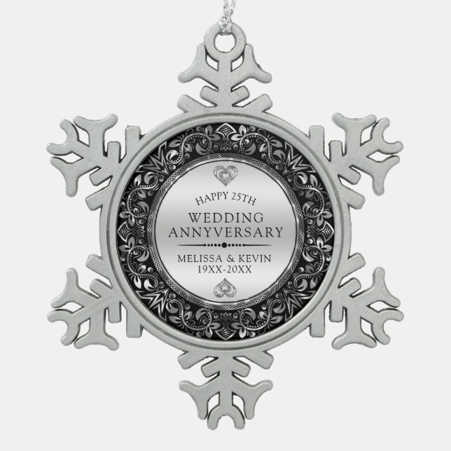 Silver Swirly Frame 25th Wedding Anniversary Snowflake Pewter Christmas Ornament (Front)