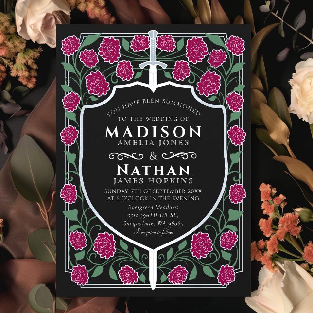 Silver Sword Shield Fantasy Monogram Wedding Invitation (Creator Uploaded)