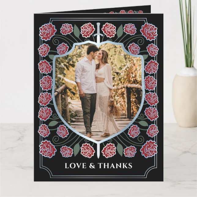 Silver Sword Shield Fantasy Monogram Wedding Letterpress Thank You Card (Front)