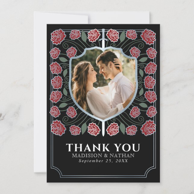 Silver Sword Shield Medieval Fantasy Wedding Thank You Card (Front)