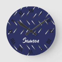 Silver swords on blue round clock