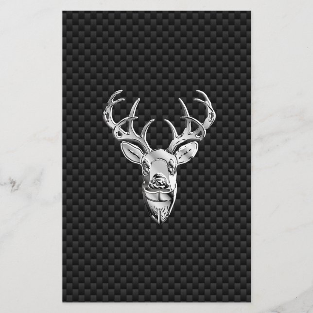 Silver Symbolic Deer on Carbon Fiber Style Print Stationery (Front)