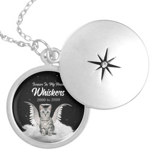 Silver Tabby Angel Cat Pet Memorial Locket Necklace