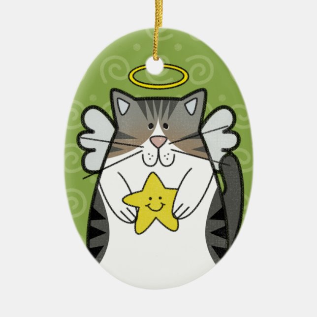 Silver Tabby Angel Cat with Star Ornament (Front)