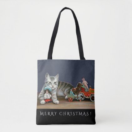 Silver Tabby Cat and Victorian Toys Christmas Tote