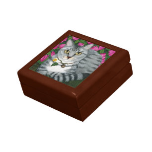 Silver Tabby Cat Garden Cat Fantasy Art Gift Box