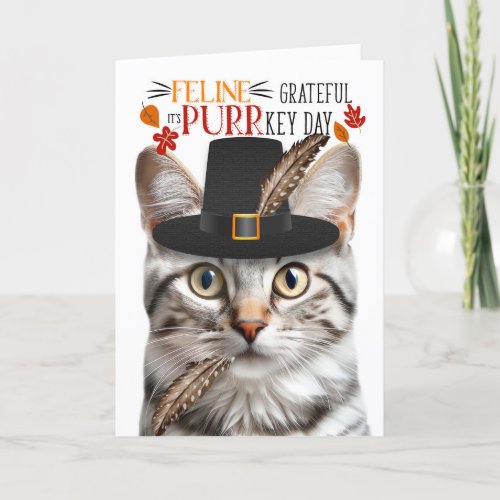 Silver Tabby Cat Grateful for PURRkey Day Holiday Card