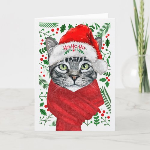 Silver Tabby Cat in a Santa Hat Meowy Christmas Holiday Card