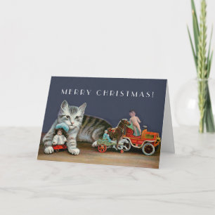 Silver Tabby Cat - Vintage Christmas Cat Art Holiday Card