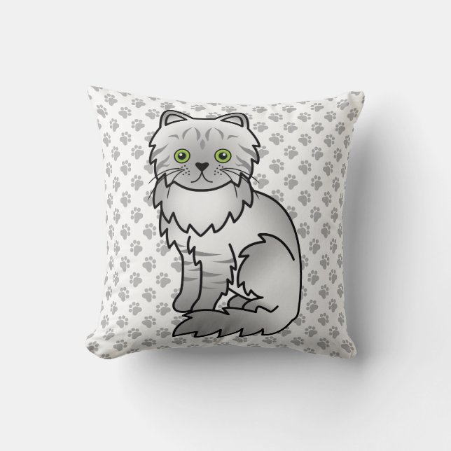 Silver Tabby Chinchilla Gray Persian Cat & Paws Throw Pillow (Front)