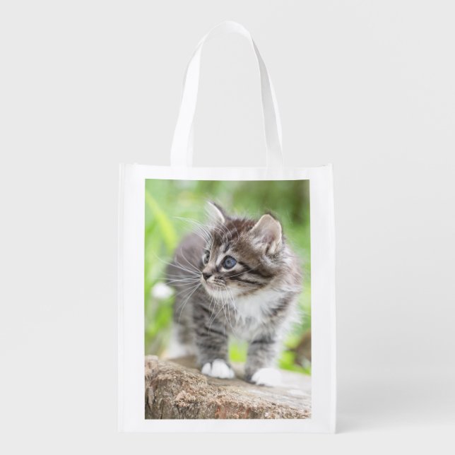 Silver Tabby Kitten with White Paws Reusable Grocery Bag (Front)
