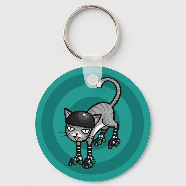Silver Tabby on RollerSkates Keychain (Front)