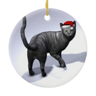 Silver Tabby Santa Claus Hat Ceramic Ornament