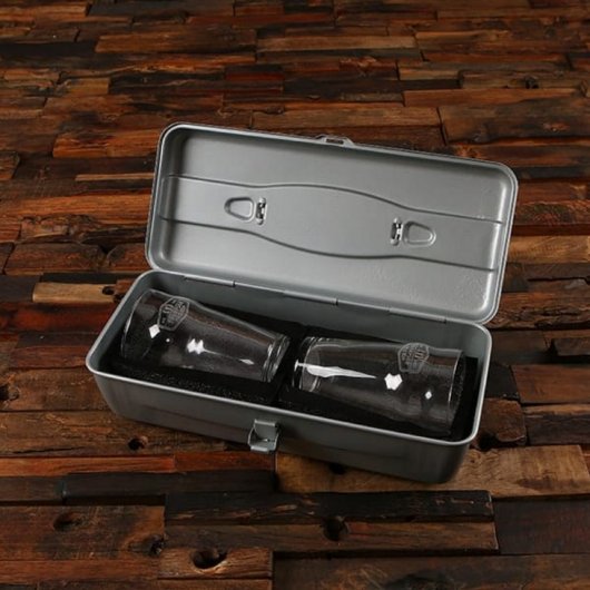 Silver Tackle and Tool Gift Box with Beer Glasses (Front)