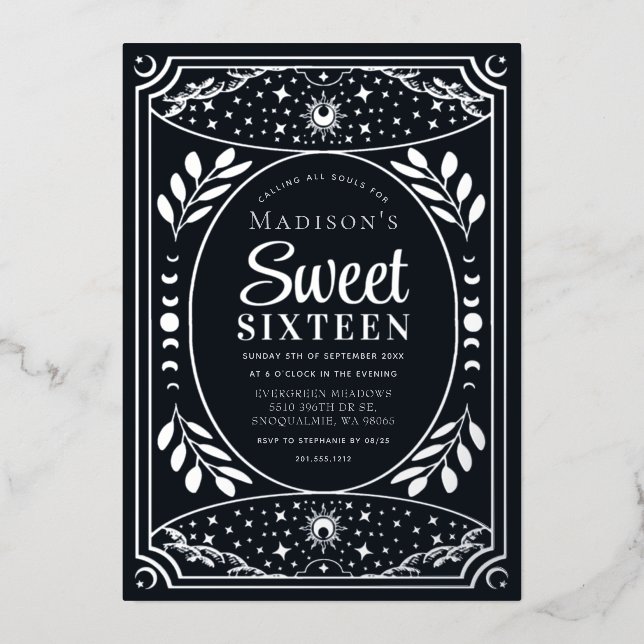 Silver Tarot Witchy Sweet 16 Birthday Party Foil Invitation (Front)