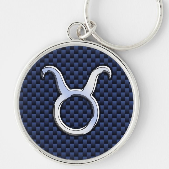Silver Taurus Zodiac Sign Blue Carbon Fiber Print Keychain (Front)