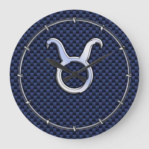 Silver Taurus Zodiac Sign Blue Carbon Fiber Print Large Clock