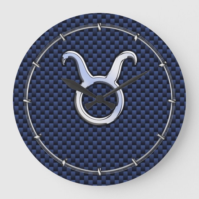 Silver Taurus Zodiac Sign Blue Carbon Fiber Print Large Clock (Front)