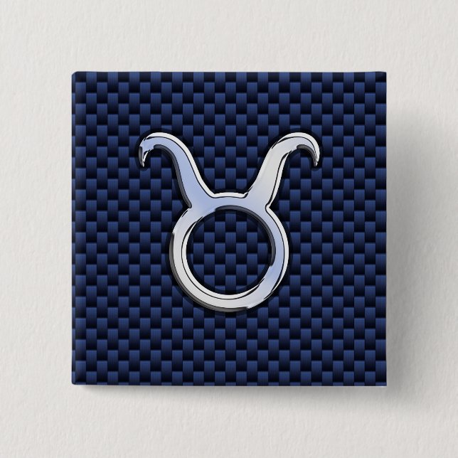 Silver Taurus Zodiac Sign Blue Carbon Fiber Print Pinback Button (Front)