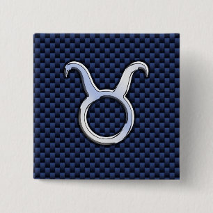 Silver Taurus Zodiac Sign Blue Carbon Fiber Print Pinback Button