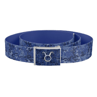 Silver Taurus Zodiac Sign Navy Blue Digital Camo Belt