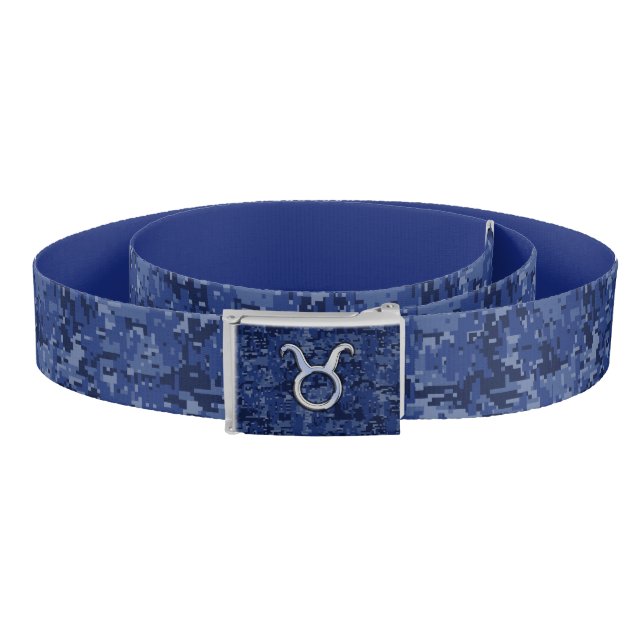 Silver Taurus Zodiac Sign Navy Blue Digital Camo Belt (Coil)