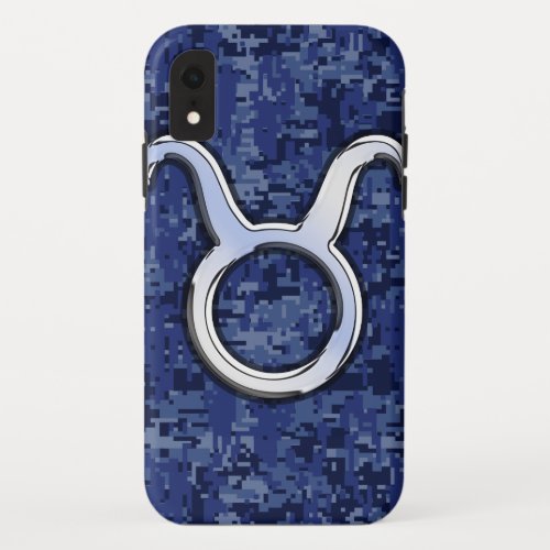 Silver Taurus Zodiac Sign Navy Blue Digital Camo iPhone XR Case