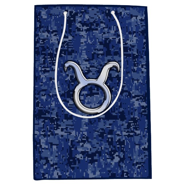 Silver Taurus Zodiac Sign Navy Blue Digital Camo Medium Gift Bag (Front)