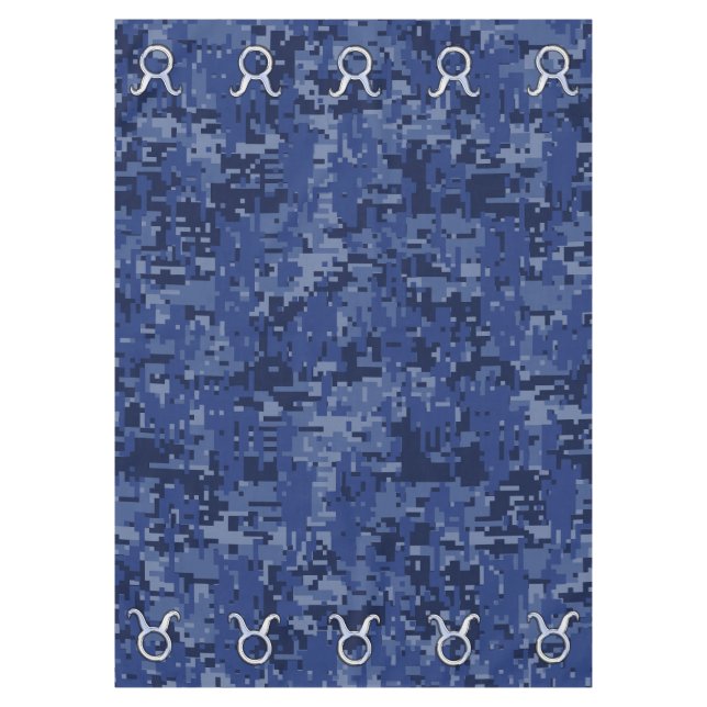 Silver Taurus Zodiac Sign Navy Blue Digital Camo Tablecloth (Front)