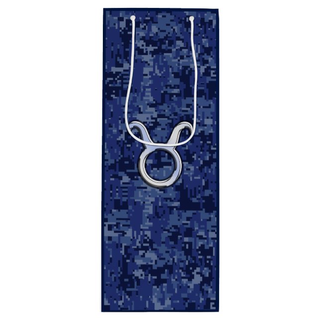 Silver Taurus Zodiac Sign Navy Blue Digital Camo Wine Gift Bag (Front)