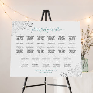Silver & Teal 17 Table Glam White Seating Chart Foam Board