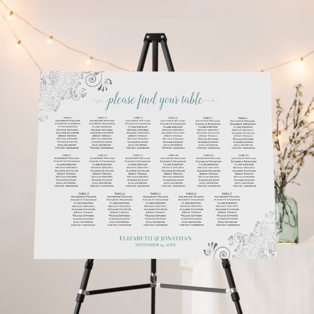 Silver & Teal 17 Table Glam White Seating Chart Foam Board (In Situ (Stand))