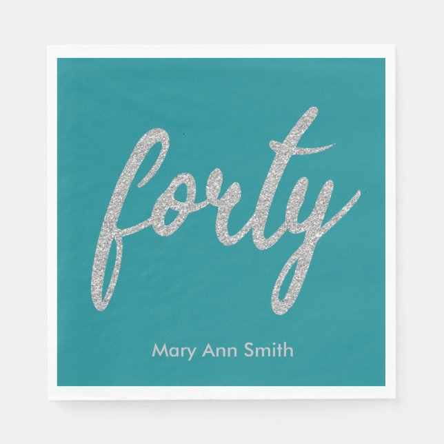 Silver Teal 40 Birthday Party Glitter "Forty" Napkins (Front)