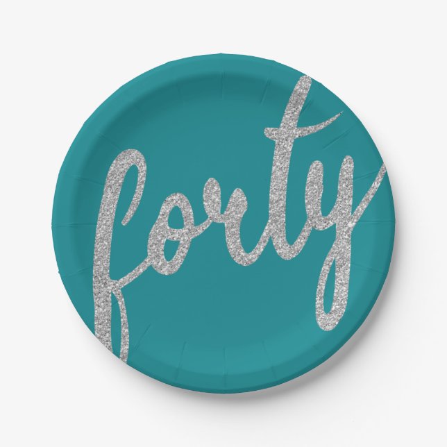 Silver Teal 40 Birthday Party Glitter "Forty" Paper Plates (Front)