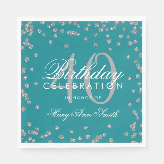 Silver Teal 40th Birthday Glitter Confetti Napkins (Front)