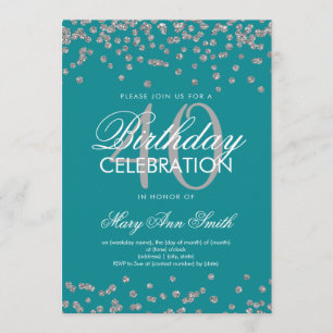 Silver Teal 40th Birthday Party Glitter Confetti Invitation